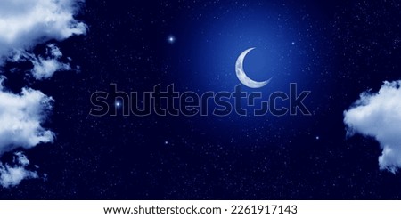 Crescent moon and starry night sky.  dark blue sky and clouds. starry night and moonlight landscape.