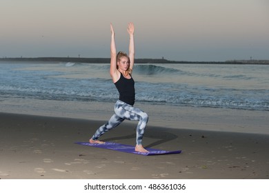 Crescent Moon Yoga Pose In Pattern Tights Along Coastline.