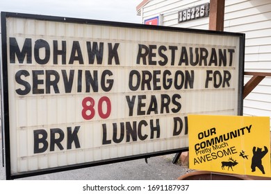 Crescent, Oregon, USA - October 23, 2018: Sign Of The 80 Year Old Mohawk Restaurant In Crescent, Oregon, USA