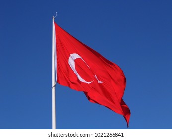 crescent and star flag state of the blue sky turkey, turkey republic flag waving with the wind,
