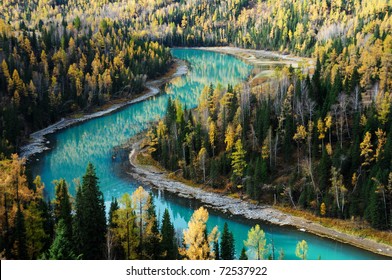 crescent-shaped river across forests