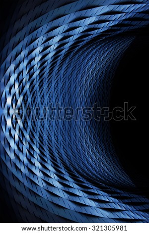 Crescent-shaped scaly object. Macro photo of metal grid. Abstract, industrial, technological or scientific image in blue and black colors. Contemporary architecture or applied geometry background.