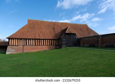 Cressing Temple Barns, Essex, United Kingdom, February 21,2022. Historic Knights Templar medieval, Tudor, Elizabethan 'Wheat' barn. Part of preserved heritage complex open to public. Day outdoors
