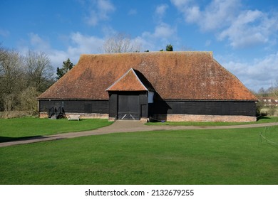 Cressing Temple Barns, Essex, United Kingdom, February 21,2022. Historic Knights Templar medieval, Tudor, Elizabethan 'Barley' barn. Part of preserved heritage complex open to public. Day outdoors