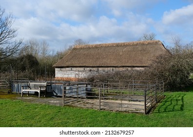 Cressing Temple Barns, Essex, United Kingdom, February 21,2022. Historic Knights Templar medieval, Tudor, Elizabethan granary barn. Part of preserved heritage complex open to public. Day outdoors