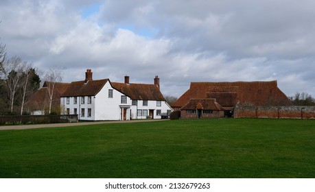 Cressing Temple Barns, Essex, United Kingdom, February 21,2022. Historic Knights Templar medieval, Tudor, Elizabethan granary barn. Part of preserved heritage farm complex open to public. Day outdoors