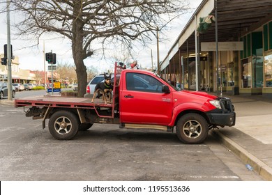 Creswick, AUSTRALIA - Aug 17 2018: Farmer red off road vehicle UTE with Kelpie dogs on platform behind driver cabin, Iconic Australian Farming scene in front of the shop in Main Street of the town