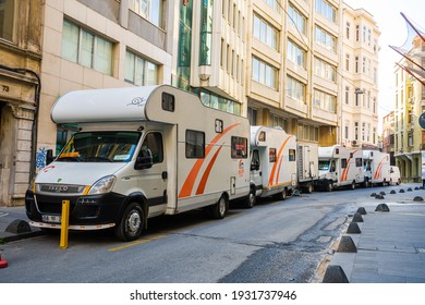 Crew Cars With Props For Filming. Shooting A Movie On The Streets Of The City. Backstage Make-up Rooms In Cars. Turkey , Istanbul - 21.07.2020