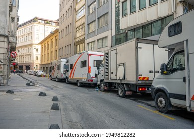 Crew Cars With Props For Filming. Shooting A Movie On The Streets Of The City. Backstage Make-up Rooms In Cars. Turkey , Istanbul - 21.07.2020