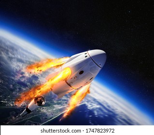 Crew Dragon spacecraft of the private American company SpaceX in space. Dragon is capable of carrying up to 7 passengers to and from Earth orbit, and beyond. Elements of this image furnished by NASA.