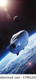 Crew Dragon Spacecraft Of The Private American Company SpaceX In Space. Dragon Is Capable Of Carrying Up To 7 Passengers To And From Earth Orbit, And Beyond. Elements Of This Image Furnished By NASA.