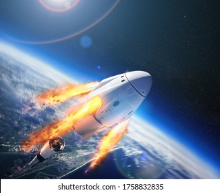Crew Dragon Raumfahrzeug der privaten amerikanischen Firma SpaceX im All. Dragon ist in der Lage, bis zu 7 Passagiere von und zur Erdumlaufbahn und darüber hinaus zu transportieren. Elemente dieses von der NASA bereitgestellten Bildes.