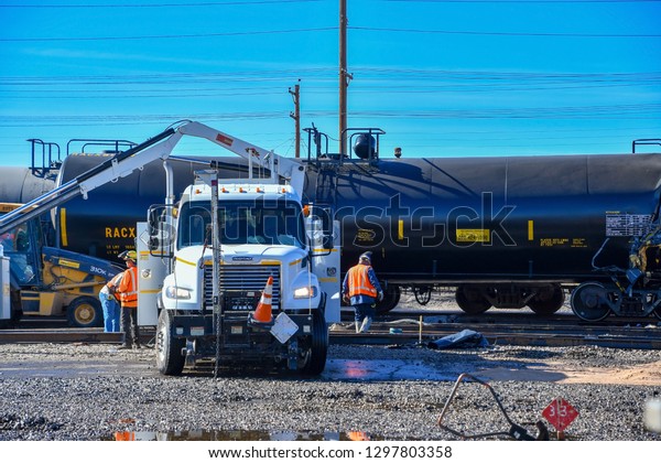 Crews working on repairing derailed train.\
As this happened in a train yard damage was very minor, with no\
injuries. \
El Paso, Texas\
28 January\
2019\
