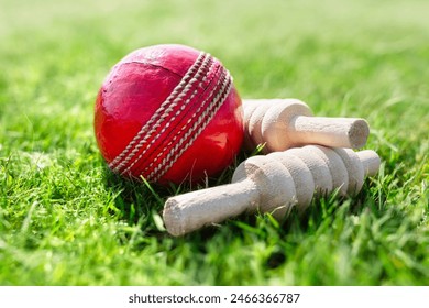 Cricket ball and bails on green grass of cricket ground close up background - Powered by Shutterstock