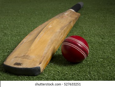 Cricket Ball And Bat On Lawn