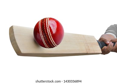 The Cricket Ball Was Hit By A Cricket Bat Tip Isolated On White Background. This Has Clipping Path. 