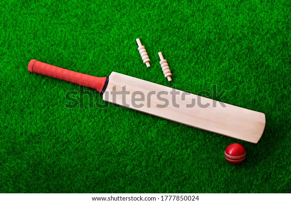 cricket bat and ball place on cricket ground pitch,\
green grass