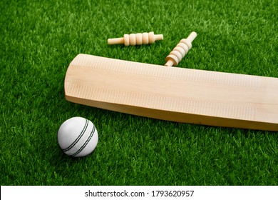 cricket bat ball stumps and bails placed on green grass cricket pitch background - Powered by Shutterstock