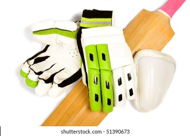 Cricket Bat With Bright Pink Handle, Gloves And Ball Box On White.