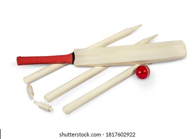 Cricket Bat, Stumps, Bails, Red Ball Isolated On White Background, Wooden Cricket Bat All Angles Studio Shot Cutout