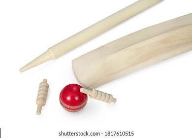 Cricket Bat, Stumps, Bails, Red Ball Isolated On White Background, Wooden Cricket Bat All Angles Studio Shot Cutout