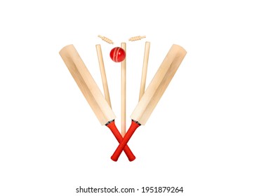 Cricket Bat, Stumps, Bails, Red Ball And White Ball Isolated On White Background, Wooden Cricket Bat All Angles Studio Shot Cutout