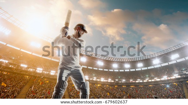 Cricket Batsman in Action on a professional
cricket stadium. The player wears unbranded clothes. The stadium is
made in 3D with no existing
references.