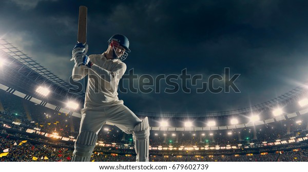 Cricket Batsman in Action on a professional\
cricket stadium. The player wears unbranded clothes. The stadium is\
made in 3D with no existing\
references.