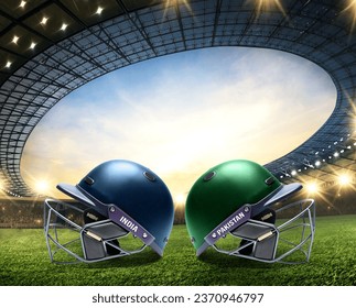 Cricket batting helmet with protective grill on Cricket Ground