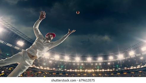 Cricket bowler in action on a professional stadium. The player wears unbranded clothes. The stadium is made in 3D.