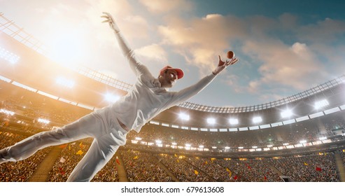 Cricket bowler in action on a professional stadium. The player wears unbranded clothes. The stadium is made in 3D.