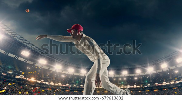 Cricket\
bowler in action on a professional stadium. The player wears\
unbranded clothes. The stadium is made in\
3D.