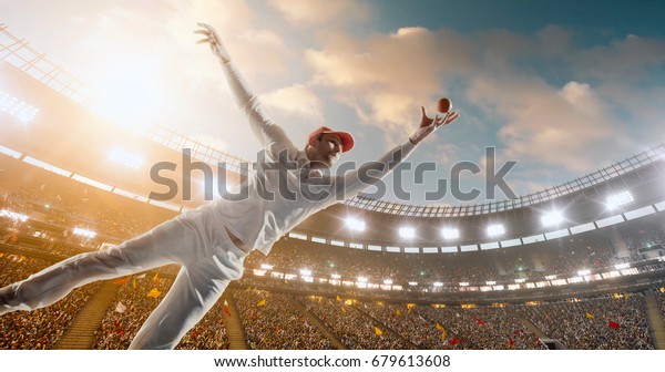 Cricket\
bowler in action on a professional stadium. The player wears\
unbranded clothes. The stadium is made in\
3D.