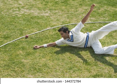 Cricket fielder diving to stop a ball near boundary line - Powered by Shutterstock