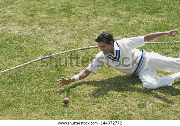 Cricket\
fielder diving to stop a ball near boundary\
line