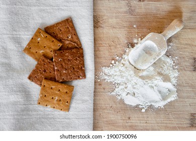 Cricket Insect Crackers Snack And Cricket Flour For Eating As Food Items Made Of Cooked Insects As A Good Source Of Protein. Entomophagy Concept. The Concept Of Protein Food Sources From Insects.