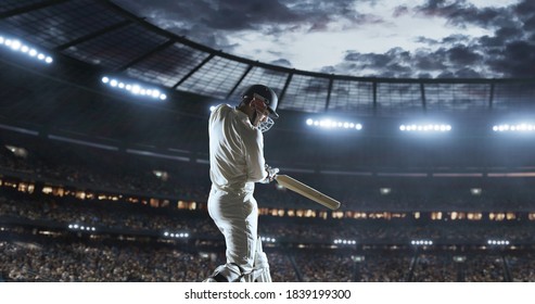 Cricket player in action on a professional stadium. Stadium is made in 3d. - Powered by Shutterstock