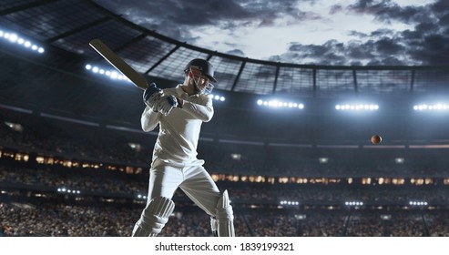 Cricket player in action on a professional stadium. Stadium is made in 3d. - Shutterstock ID 1839199321
