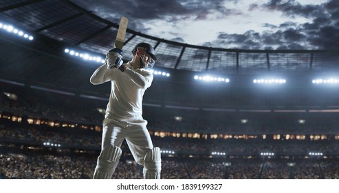 Cricket player in action on a professional stadium. Stadium is made in 3d. - Powered by Shutterstock