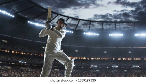 Cricket player in action on a professional stadium. Stadium is made in 3d. - Shutterstock ID 1839199330