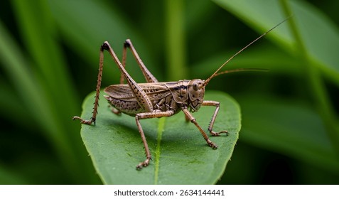 cricket resting on a green leaf