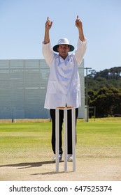Cricket umpire signalling six runs during match on sunny day against clear sky