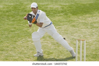 Cricket wicketkeeper catching a ball behind stumps - Powered by Shutterstock