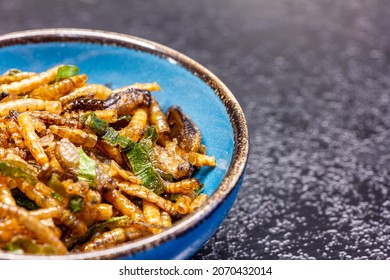Crickets, mealworms and spring onions (Acheta domestica) in a small bowl