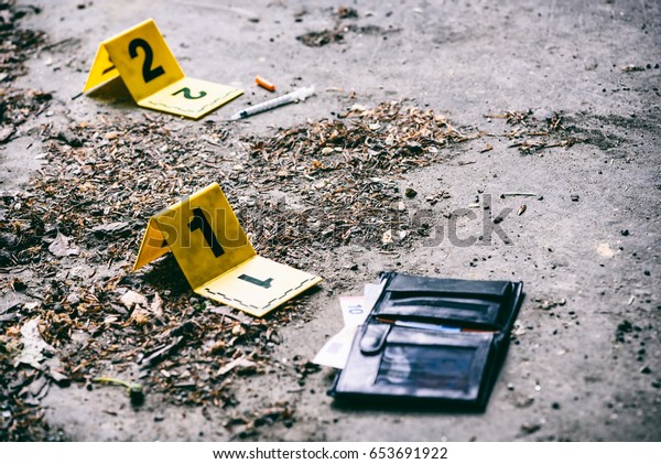 Crime Investigation Yellow Crime Scene Marker Stock Photo 653691922 ...