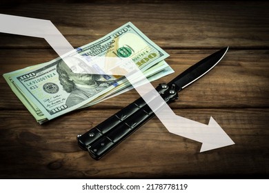 Crime Rate Decrease, Knife And Money On Wooden Table