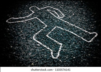 Crime Scene with Body Outline Chalk Drawing on Asphalt Ground, Selective Focus. - Shutterstock ID 1103576141