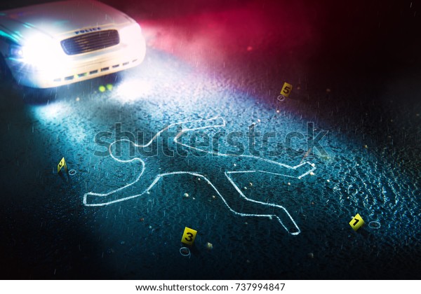 Crime scene with body outline, evidence\
markers and a police car with dramatic\
lighting