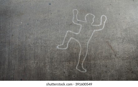 Crime Scene Chalk Line Of An Auto Accident With Tire Skid Marks Leading Over The Body.