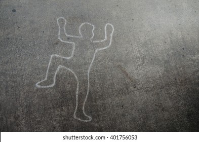 Crime Scene Chalk Line Of An Auto Accident With Tire Skid Marks Leading Over The Body.